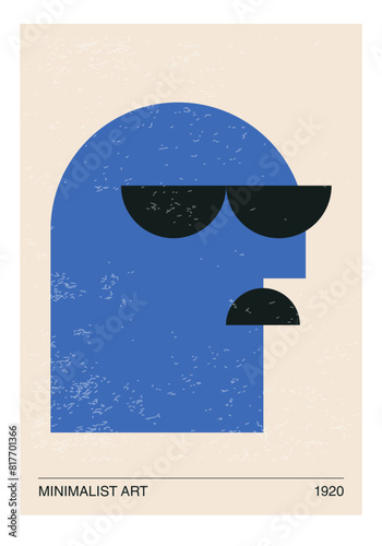 Minimalist 20s geometric design poster with stylized face, vector template