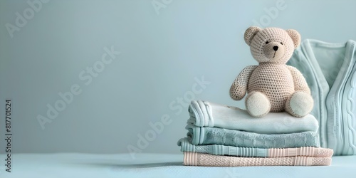 Stack of Newborn Baby Clothing with Teddy Bear on Pastel Blue Background. Concept Newborn Fashion, Baby Essentials, Pastel Aesthetics, Teddy Bear Fun, Cute Clothing photo