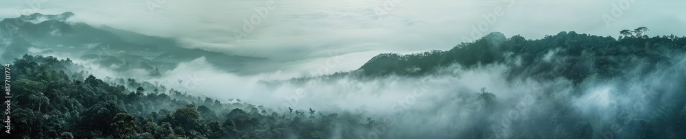 A captivating photograph of a jungle forest shrouded in mist. The mist adds an aura of mystery and serenity to the lush greenery of the jungle. 