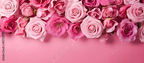 A stunning top down view of vibrant roses and delicate petals against a pink backdrop providing ample space for text in the image