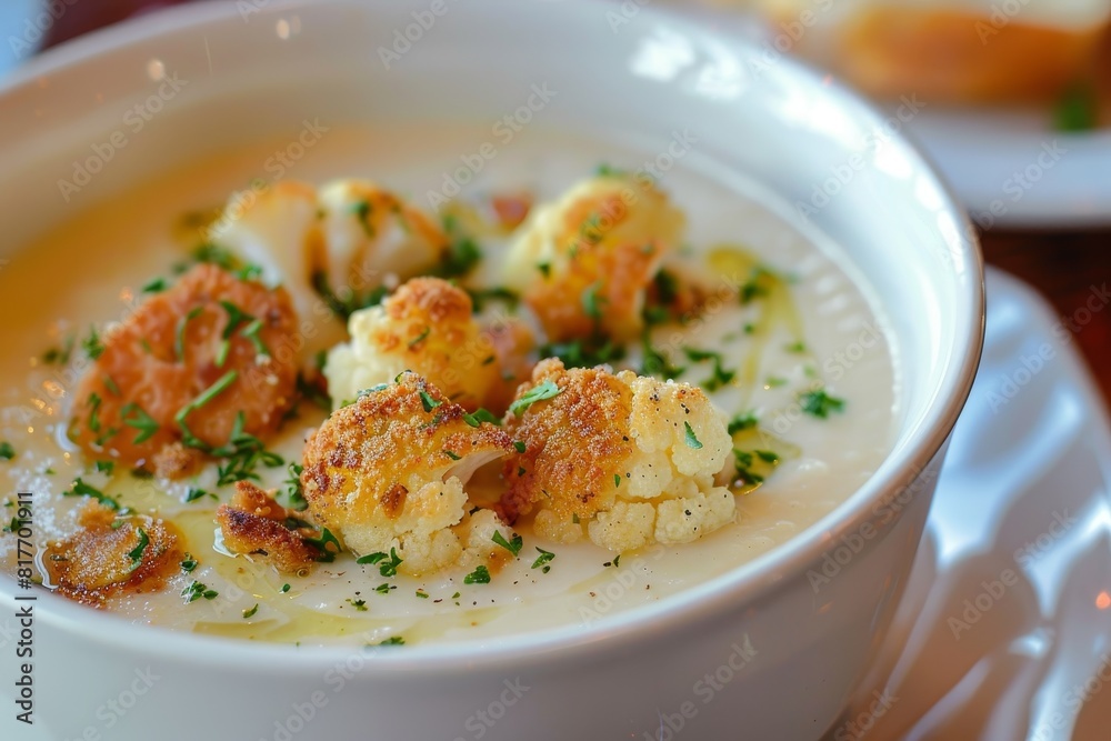 Cauliflower soup with crispy cauliflower and croutons