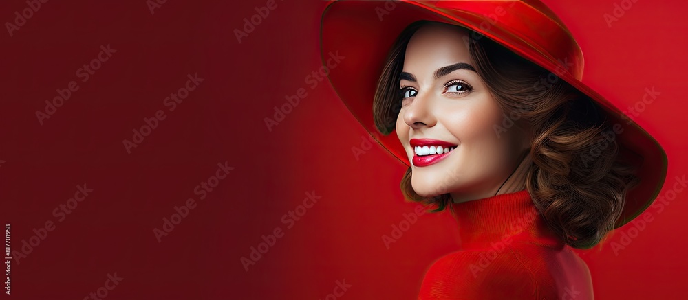 A pleasant young woman wearing a vibrant red hat. Creative banner. Copyspace image