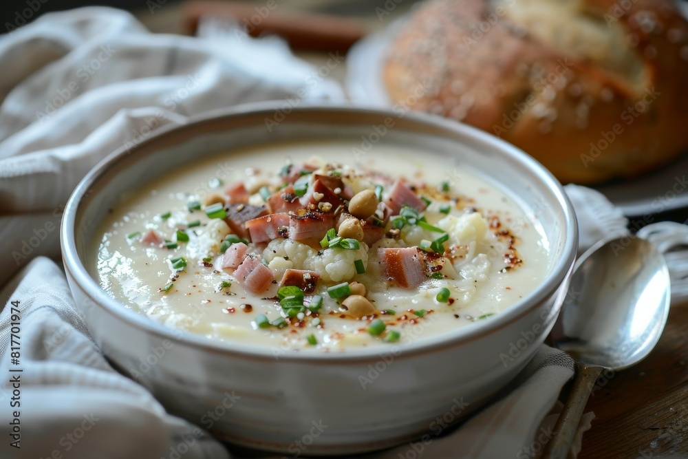 Cauliflower soup with spring onions horseradish peanuts ham and wholemeal roll Cauliflower soup with spring onions horseradish peanuts ham and wholemeal roll