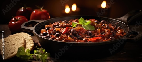 An appetizing copy space image of spicy Mexican black chili served with black beans representing the essence of authentic ethnic cuisine