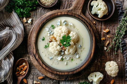 Cauliflower soup with blue cheese nuts herbs on wooden board ready for advertising