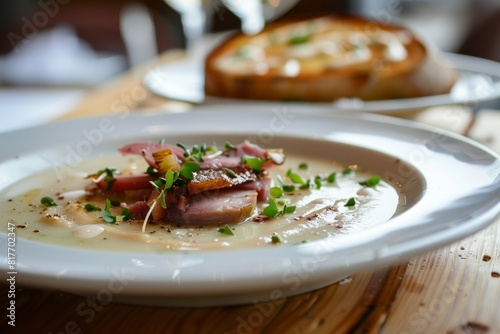 Celeriac soup with smoked duck and cheese mousse on toast in restaurant