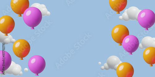 Children's day 3d background with colorful balloons flying in the sky with clouds and copy space. Vector three dimensional banner design.