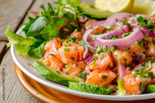 Ceviche a traditional Peruvian dish Salmon marinated in lemon with lettuce avocado and onions