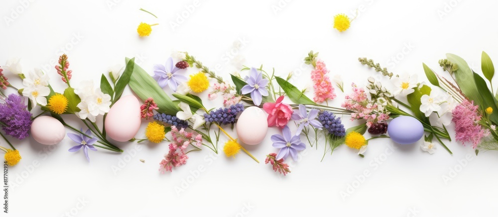 A flat lay image of a composition for Easter featuring spring flowers easter eggs and a white background with copy space A flat lay image of a composition for Easter featuring spring flowers easter eggs and a white background with copy space