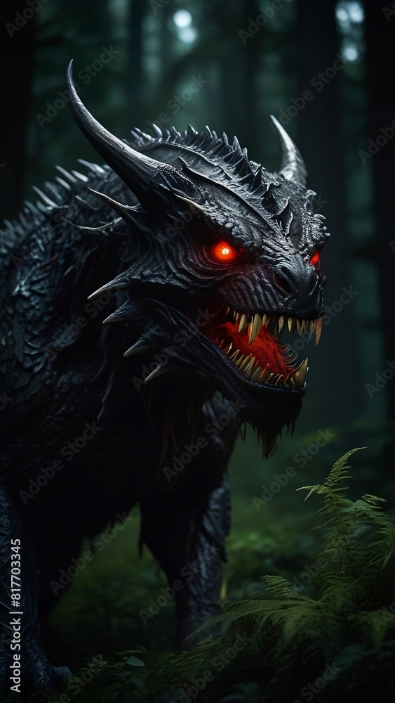 Ghost, Terrifying Dragon-Like Creature with Glowing Red Eyes in a Dark Forest - AI-Generated Art Ghost, Terrifying Dragon-Like Creature with Glowing Red Eyes in a Dark Forest - AI-Generated Art