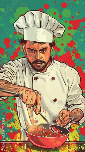 A digital painting of Gordon Ramsay covered in blood while cooking photo