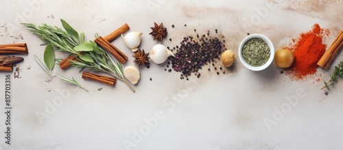 Copy space image of kitchen accessories sauce spices and herbs arranged on a light gray stone background