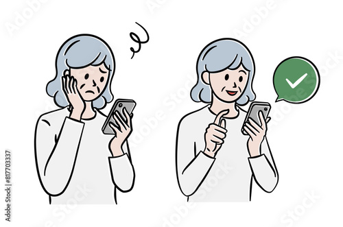 スマホを見ている年配女性のイラスト素材
