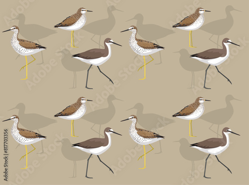 Bird Yellowlegs Willet Cartoon Cute Seamless Wallpaper Background