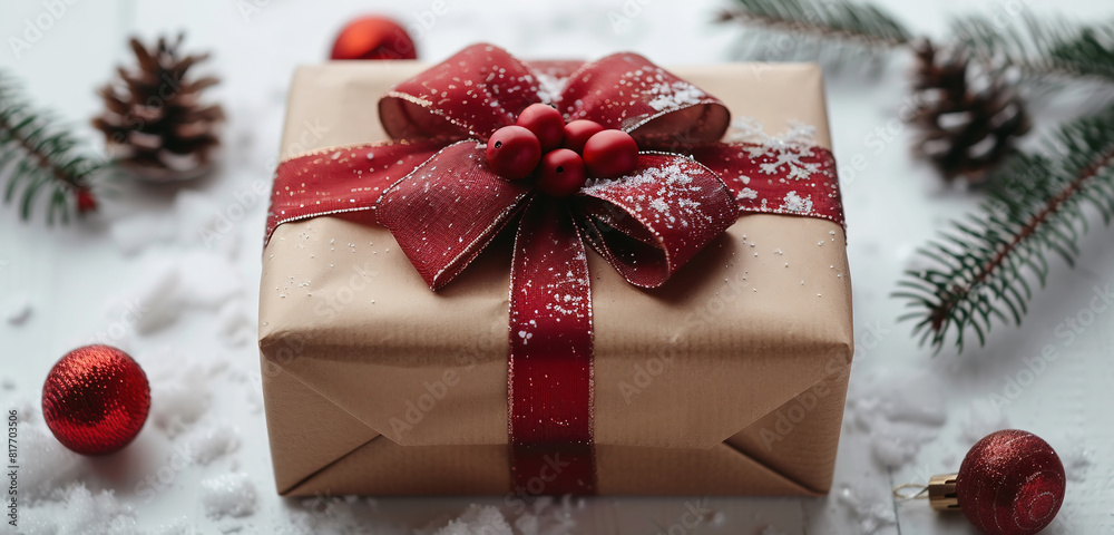 Christmas gift wrapped. View from above. Christmas holidays. Christmas theme. Christmas gift wrapped. View from above. Christmas holidays. Christmas theme.