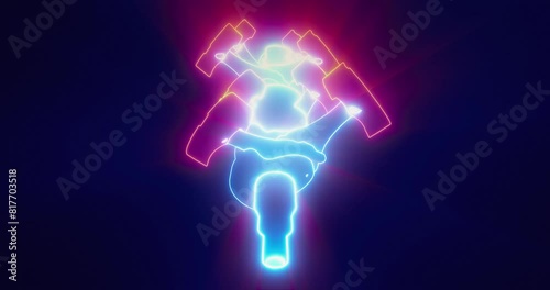 Futuristic engine animation with glowing pistons and crankshaft in motion. 3D render