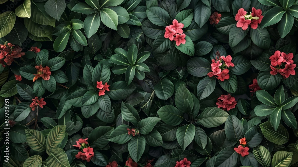 Rich tapestry of green foliage punctuated by vibrant red flowers creates an abstract natural backdrop Rich tapestry of green foliage punctuated by vibrant red flowers creates an abstract natural backdrop