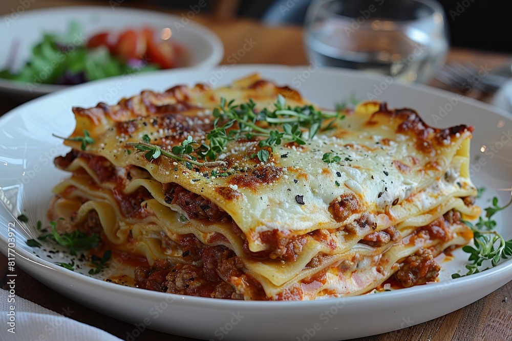 Lasagna: Layers of pasta, rich meat sauce, creamy bechamel, and melted cheese. The top layer should be golden brown and slightly crispy Lasagna: Layers of pasta, rich meat sauce, creamy bechamel, and melted cheese. The top layer should be golden brown and slightly crispy