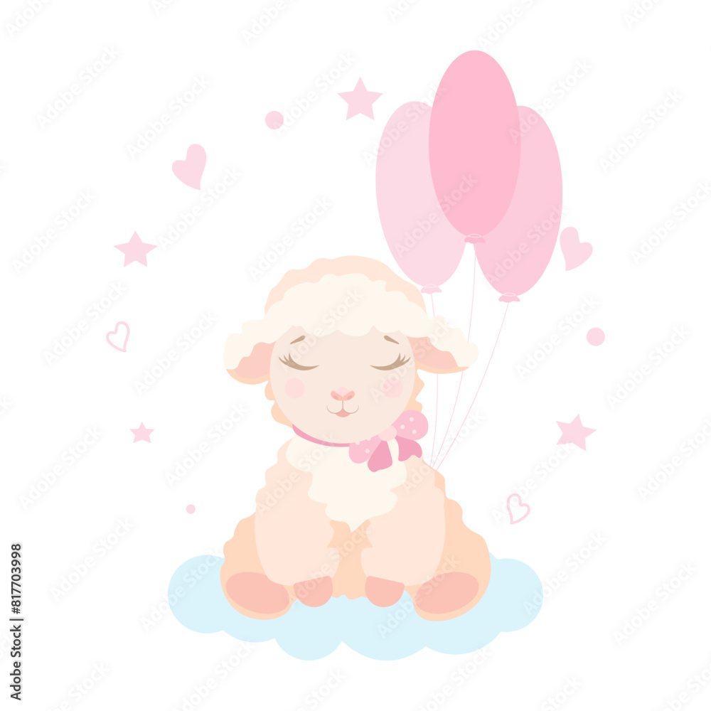 A little cute sheep vector illustration for invitation, greeting, shower baby, newborn, birthday, card, postcard. Textile, fabric, wear application for kids. A little cute sheep vector illustration for invitation, greeting, shower baby, newborn, birthday, card, postcard. Textile, fabric, wear application for kids.