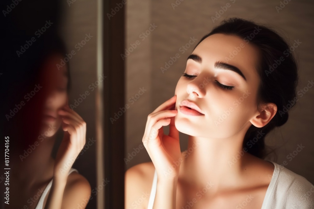 young beautiful israeli woman with clean white skin is applying moisturizer and doing face massage