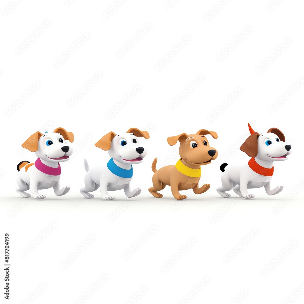 A group of puppies running a relay race on a white background