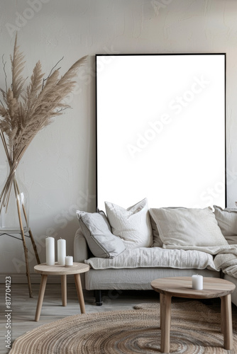 Scandinavian Minimalist Interior Mock-up with Empty Frame and Cozy Sofa