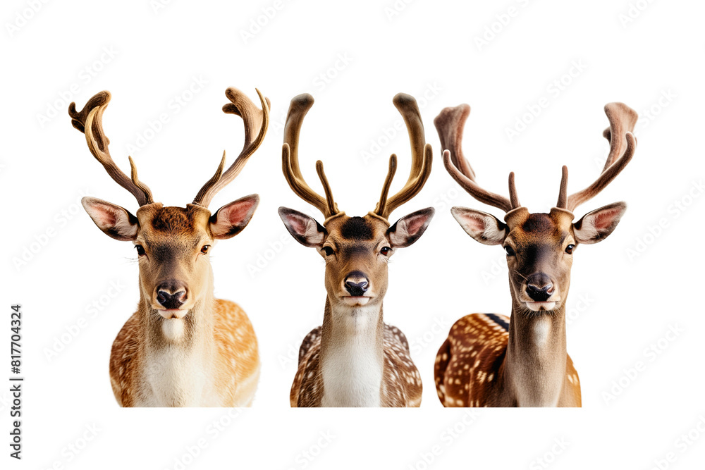 Naklejka premium Three deer with antlers are standing next to each other. The deer are all facing the same direction. On transparent background. Generative ai illustration.