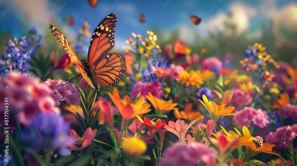 Brightly colored flowers blooming in a garden, attracting vibrant butterflies and buzzing bees in a symphony of life.