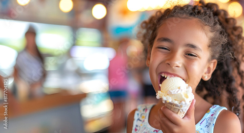 A girl child enjoys a cold ice cream in a sunny room