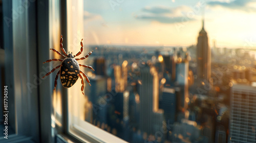 Tick on window overlooking city skyline at golden hour photo