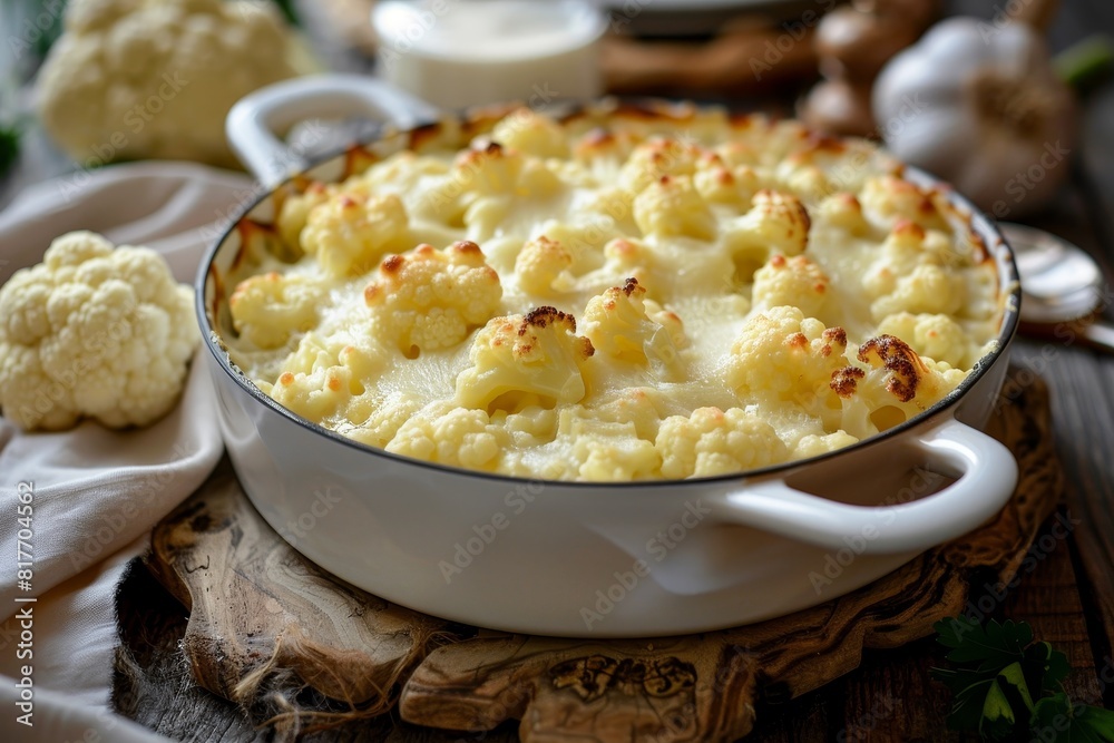Cheesy milk sauce on cauliflower casserole in baking dish on wooden table Cheesy milk sauce on cauliflower casserole in baking dish on wooden table