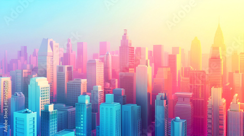Colorful urban skyline with radiant sunrise hues