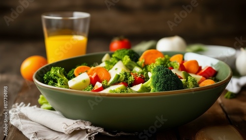 A bowl holds broccoli, carrots, and apples. Next to it, salad dressing. A cup of orange juice complements the meal, creating an inviting, healthy setup. photo
