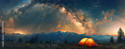 A magical night scene in nature with a solitary tent illuminated from within, while stars shine brightly in the sky.