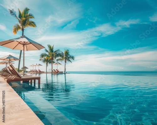 Luxurious beach resort with pool, beach chairs, and palm trees - tropical paradise © Mikki Orso