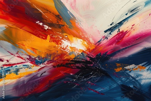 Bold strokes of contrasting colors collide  creating a dynamic explosion of energy captured in a moment of chaotic beauty.
