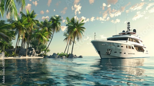 Extremely detailed and realistic high resolution 3D image of a Super Yacht approaching a tropical Island © dheograft