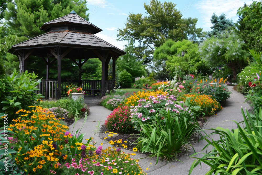 A tranquil garden with colorful flowers, winding pathways, and a quaint gazebo. 