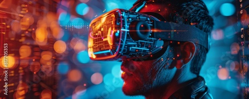VR developer adjusting virtual reality environment settings, detailed holograms, Futuristic, Cool tones, Illustration, Cuttingedge visuals photo