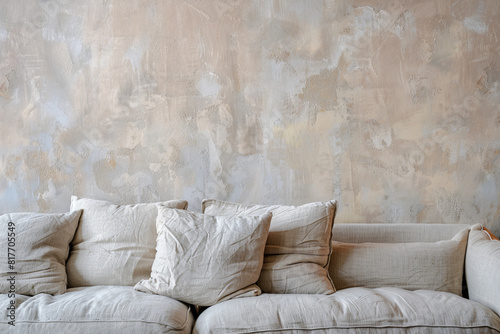 Rustic Minimalist Interior Mock-up with Linen Sofa and Textured Wall photo