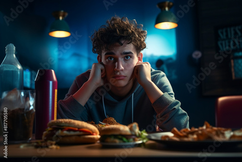 Generative AI image of person eating late evening overeating and bad habit