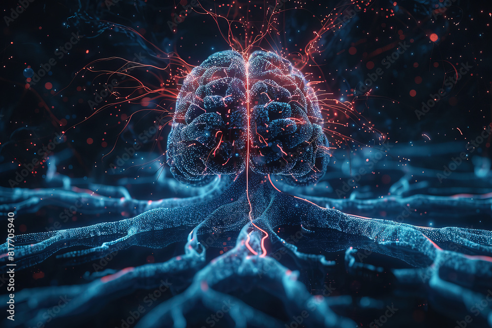 3D rendered illustration of human brain with light neuron connections ...