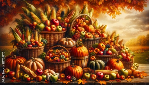 Autumn abundance: pumpkins, apples, and harvest bounty. arranged on table, surrounded by baskets overflowing with autumn fruits and vegetables. scene evokes sense of abundance and harvest time.