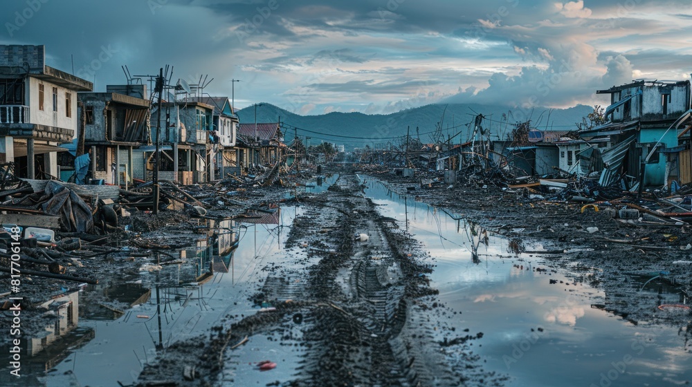 Naklejka premium Natural disasters and climate change This devastated city stands as a symbol.