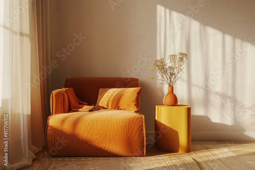 Warm Minimalist Interior Mock-up with Orange Chair and Soft Light photo