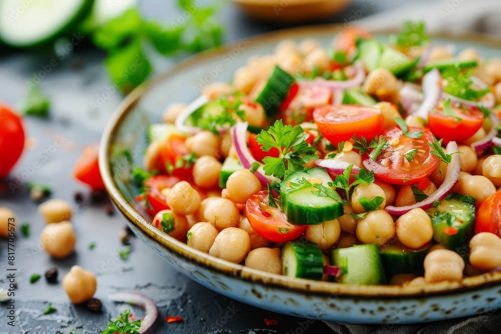 Chickpea salad with a variety of vegetables on a plate focusing on healthy vegetarian cuisine inspired by oriental and Mediterranean flavors