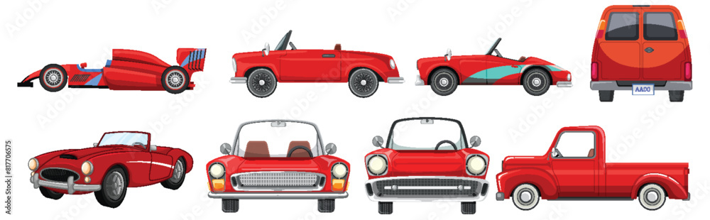 Fototapeta premium Collection of different styles of red vehicles