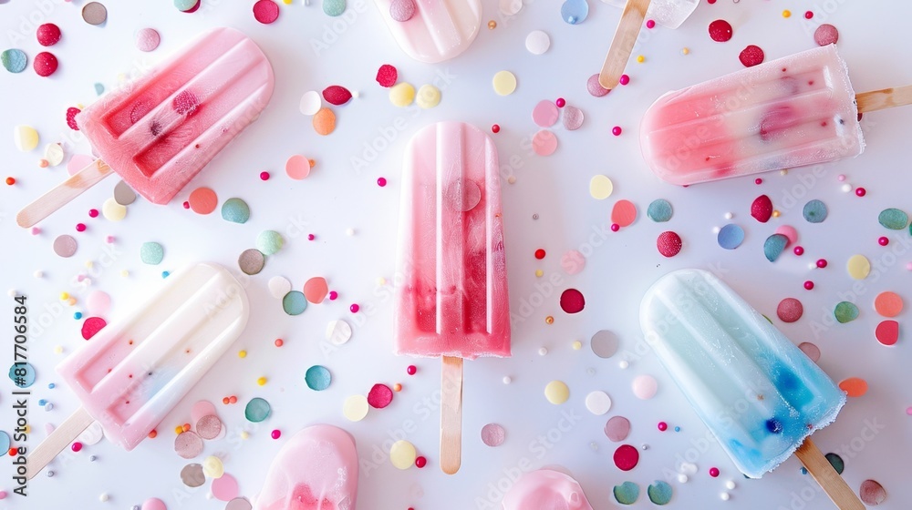 A variety of colorful popsicles on a white background with confetti A variety of colorful popsicles on a white background with confetti