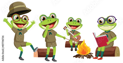 Frogs camping, playing guitar, reading, and having fun