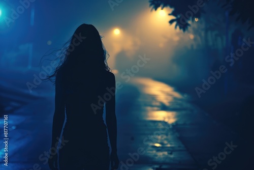 Silhouette of a young woman walking home alone at night , scared of stalker and being assault , insecurity concept © Ayan